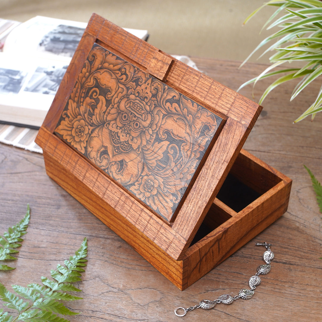 Hand Carved Wood Decorated Jewelry Box from Indonesia - Bhoma Treasure