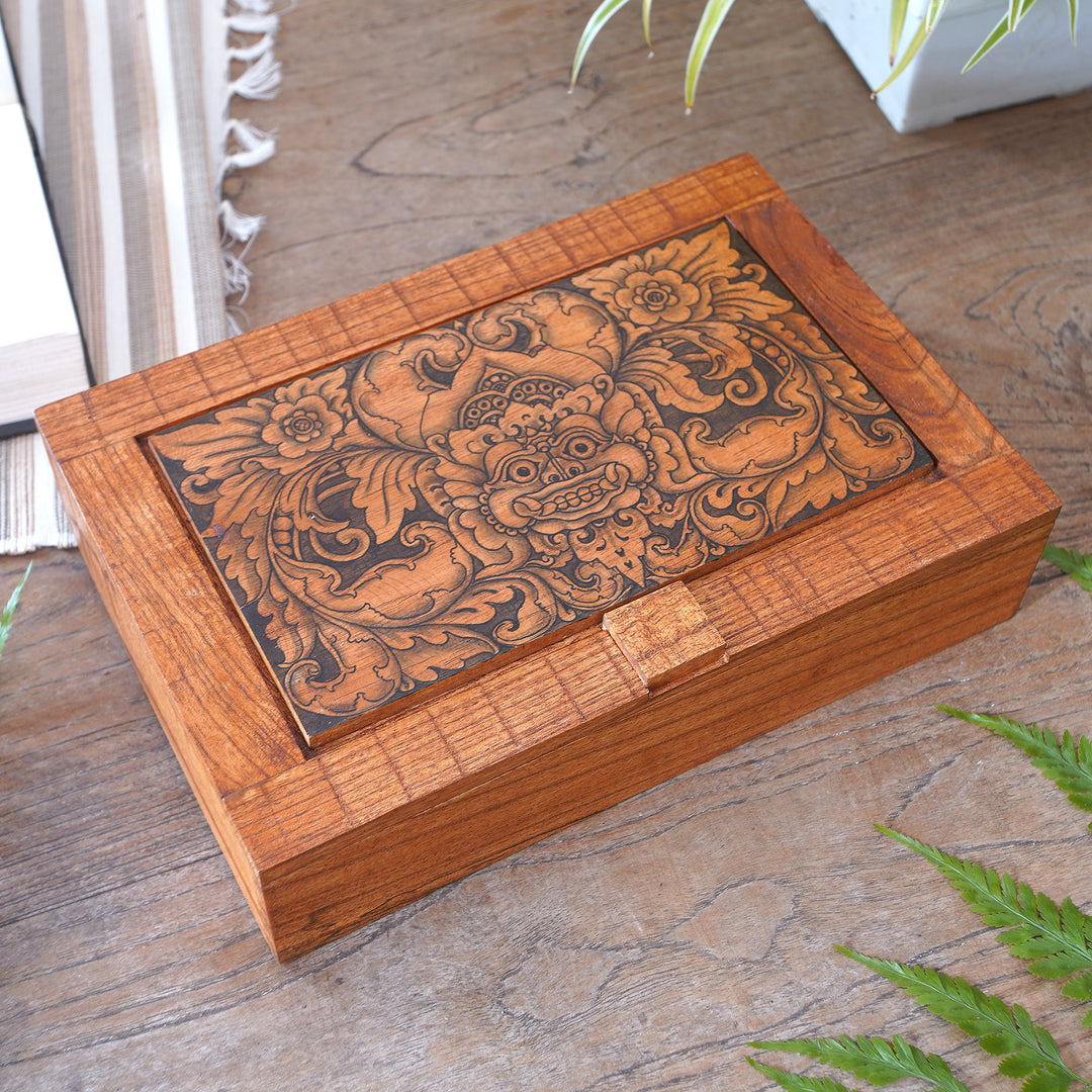 Hand Carved Wood Decorated Jewelry Box from Indonesia - Bhoma Treasure
