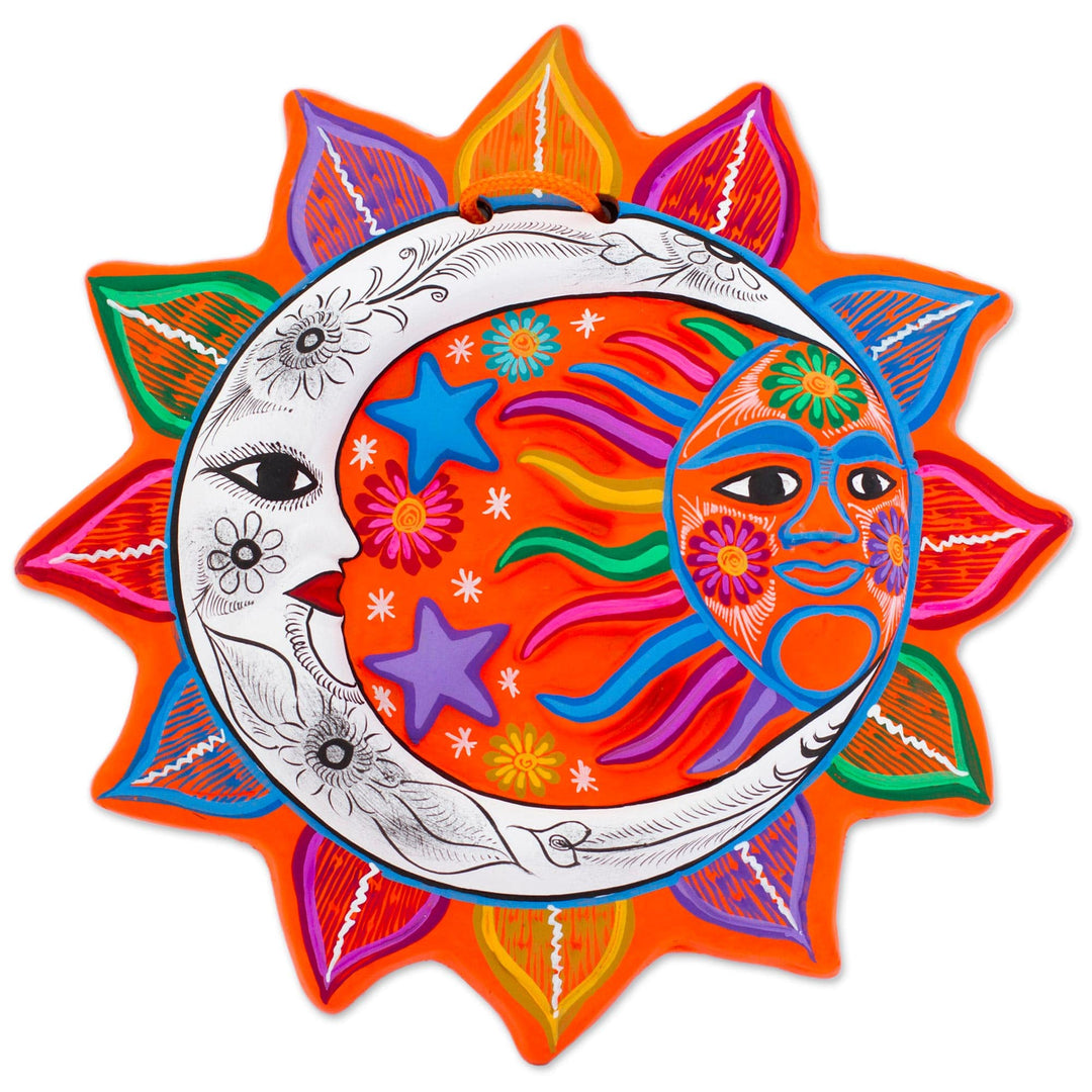 Multicolored Ceramic Sun and Moon Wall Art from Mexico - Celestial Flower