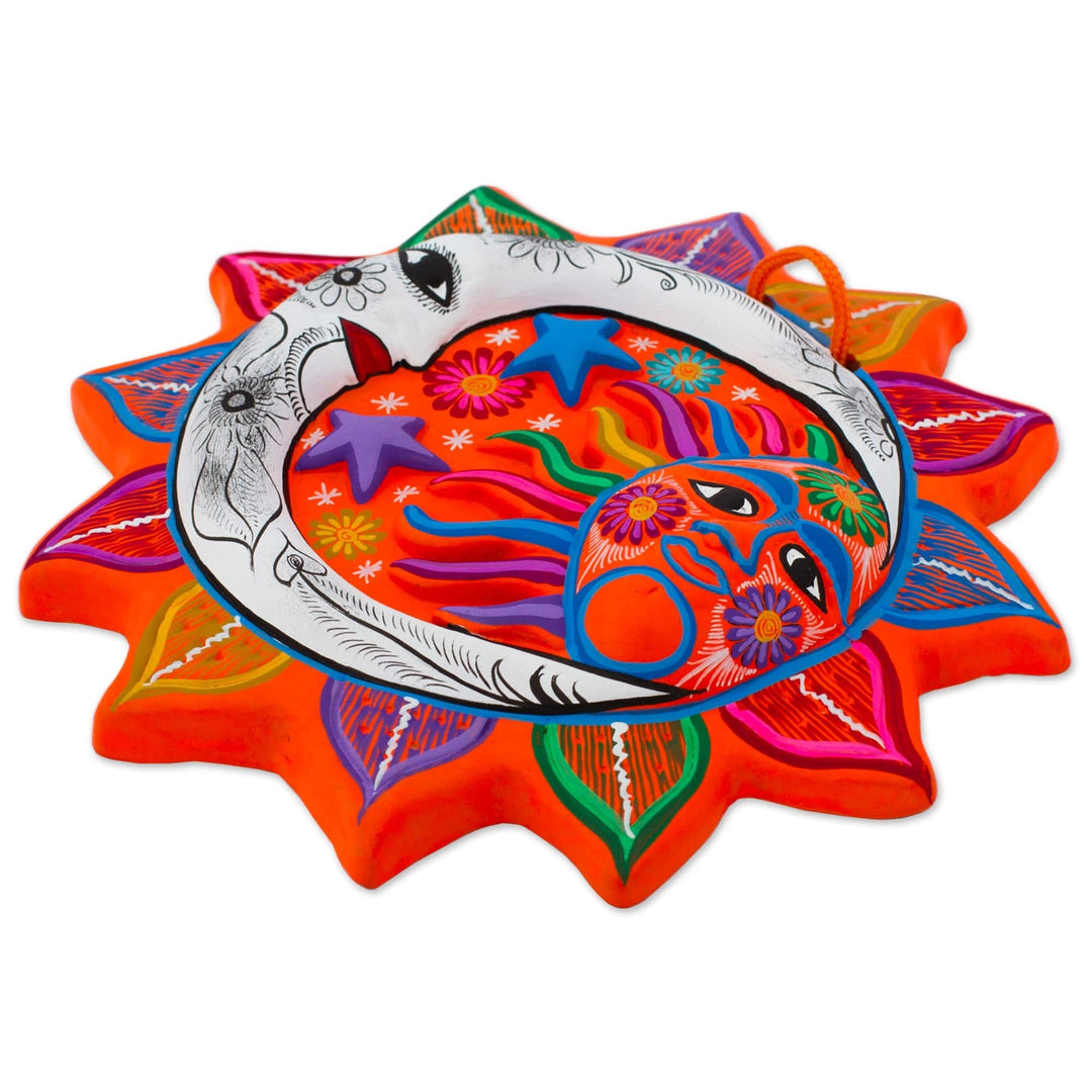 Multicolored Ceramic Sun and Moon Wall Art from Mexico - Celestial Flower