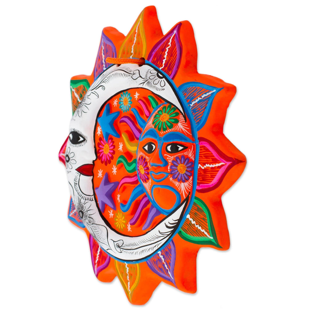 Multicolored Ceramic Sun and Moon Wall Art from Mexico - Celestial Flower