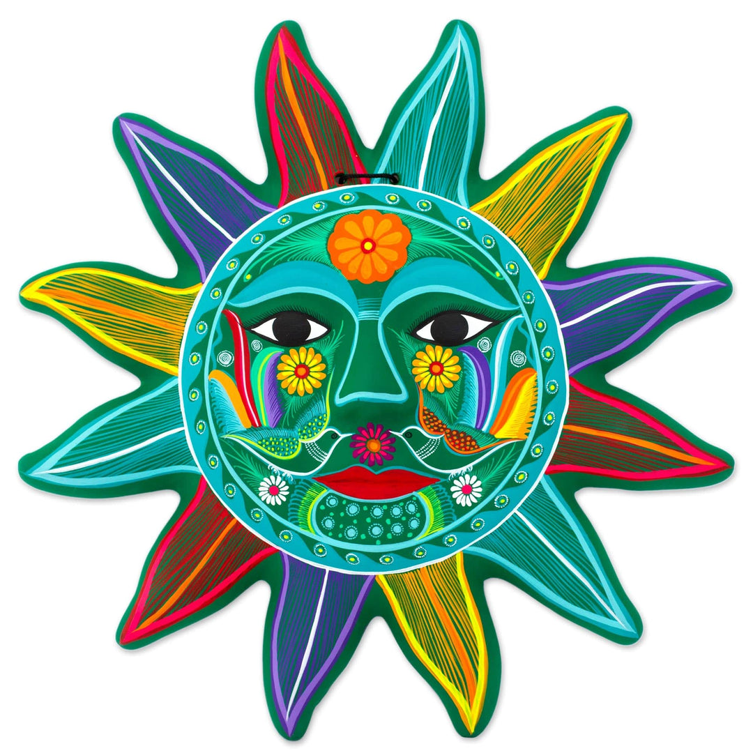 Multicolored Sun Ceramic Wall Art from Mexico - Teal Sun