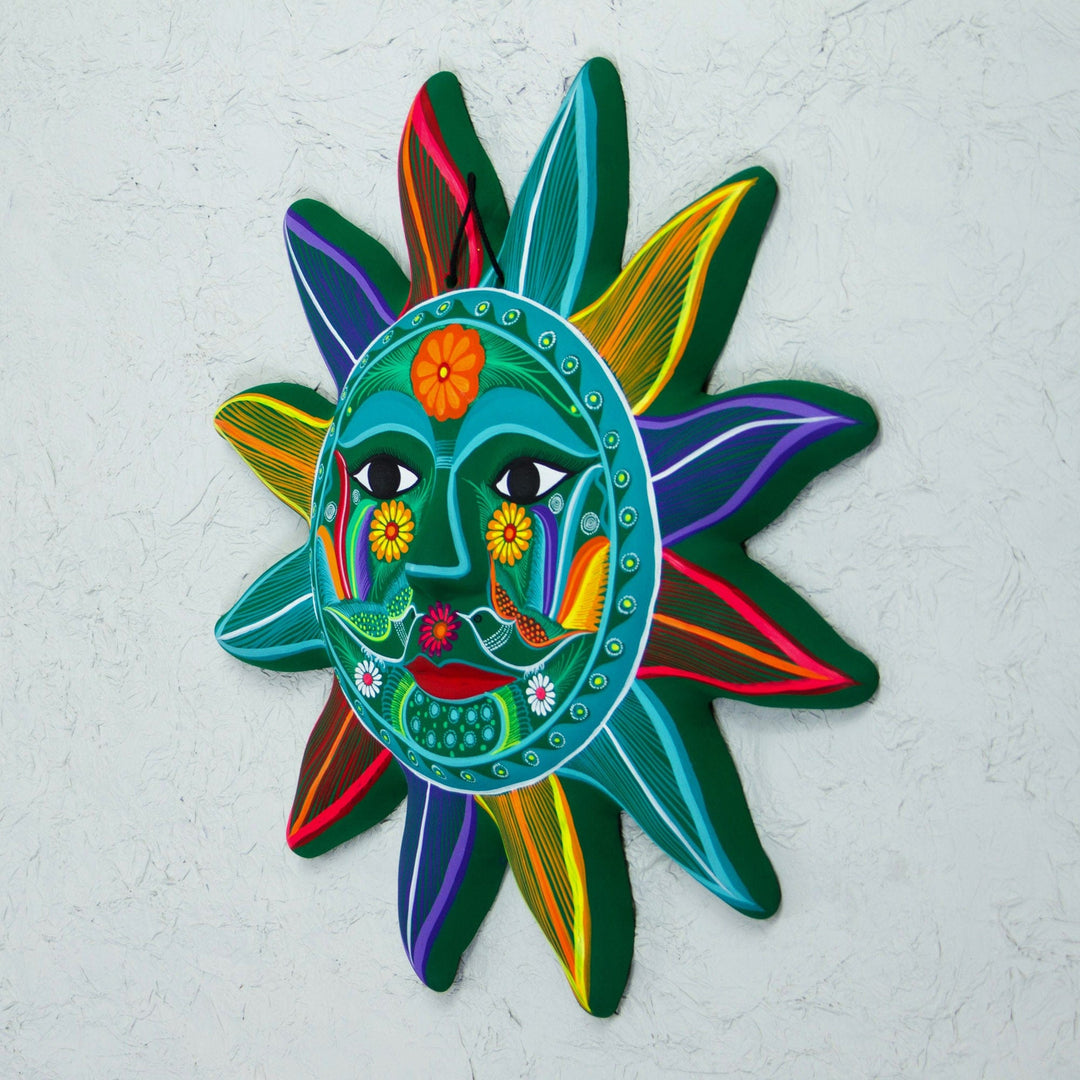 Multicolored Sun Ceramic Wall Art from Mexico - Teal Sun