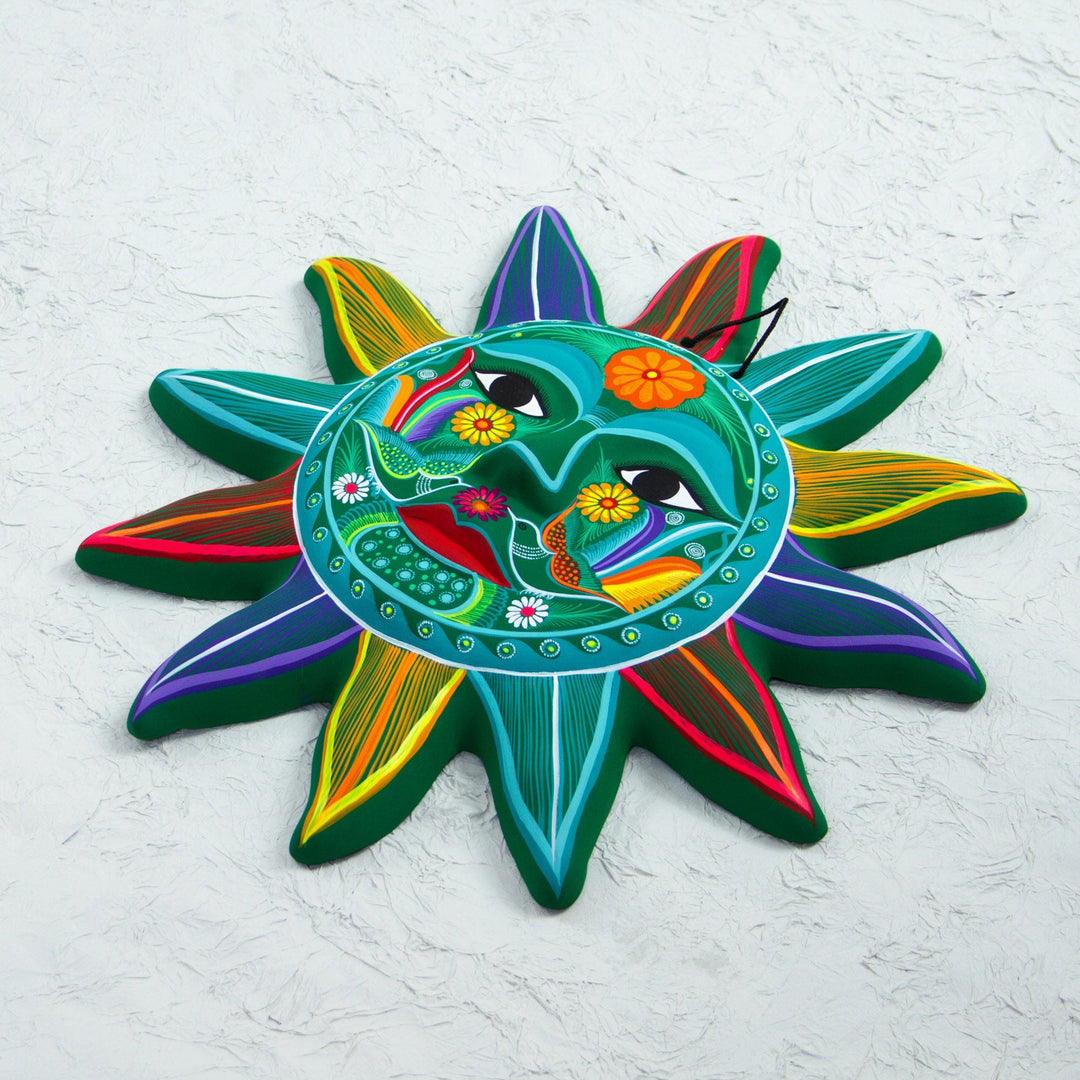 Multicolored Sun Ceramic Wall Art from Mexico - Teal Sun
