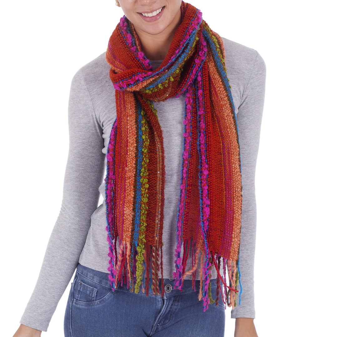 Hand Woven Alpaca Blend Striped Multicolored Scarf from Peru - Bohemian Rainbow