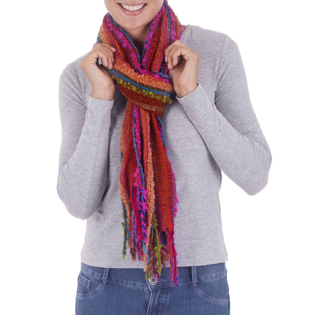 Hand Woven Alpaca Blend Striped Multicolored Scarf from Peru - Bohemian Rainbow
