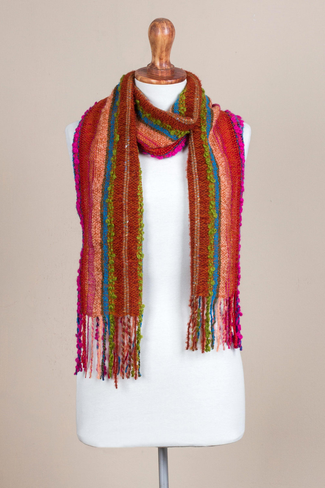 Hand Woven Alpaca Blend Striped Multicolored Scarf from Peru - Bohemian Rainbow