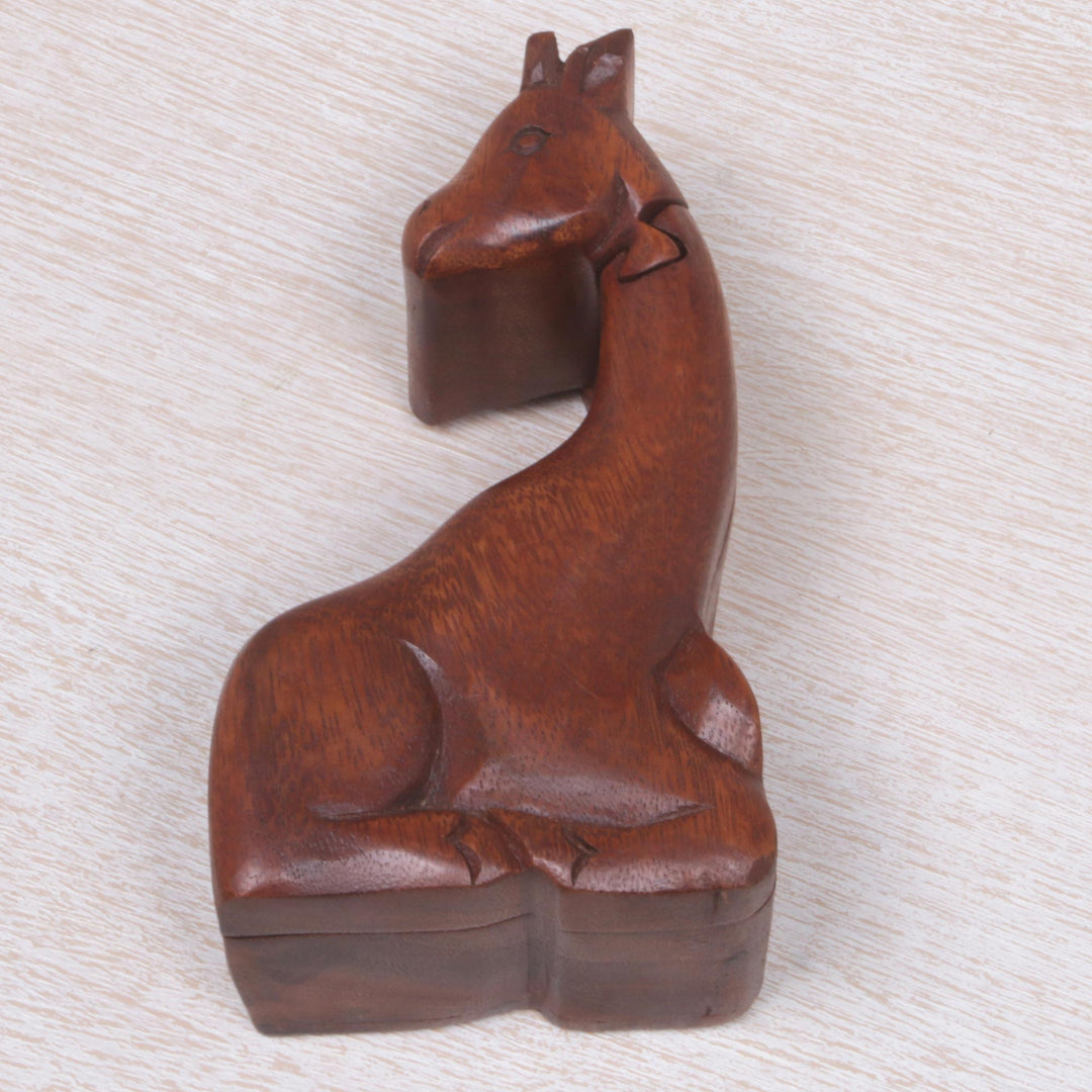 Hand Carved Giraffe Shape Wood Puzzle Box from Indonesia - Resting Giraffe