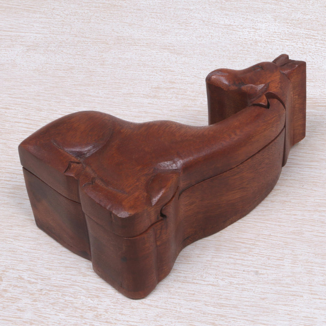 Hand Carved Giraffe Shape Wood Puzzle Box from Indonesia - Resting Giraffe
