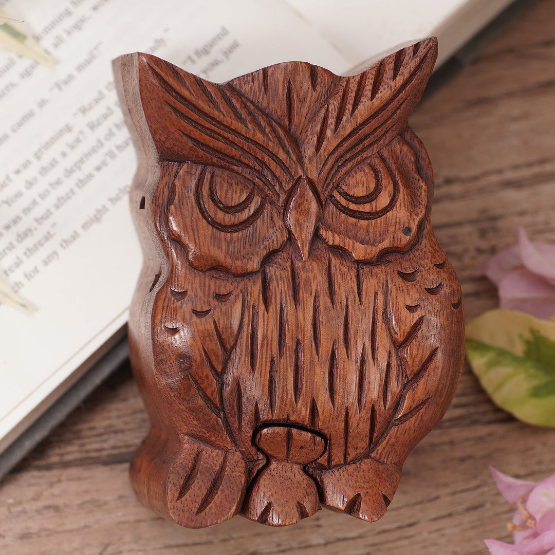 Hand Carved Wood Puzzle Box Owl Shape from Indonesia - Serious Owl