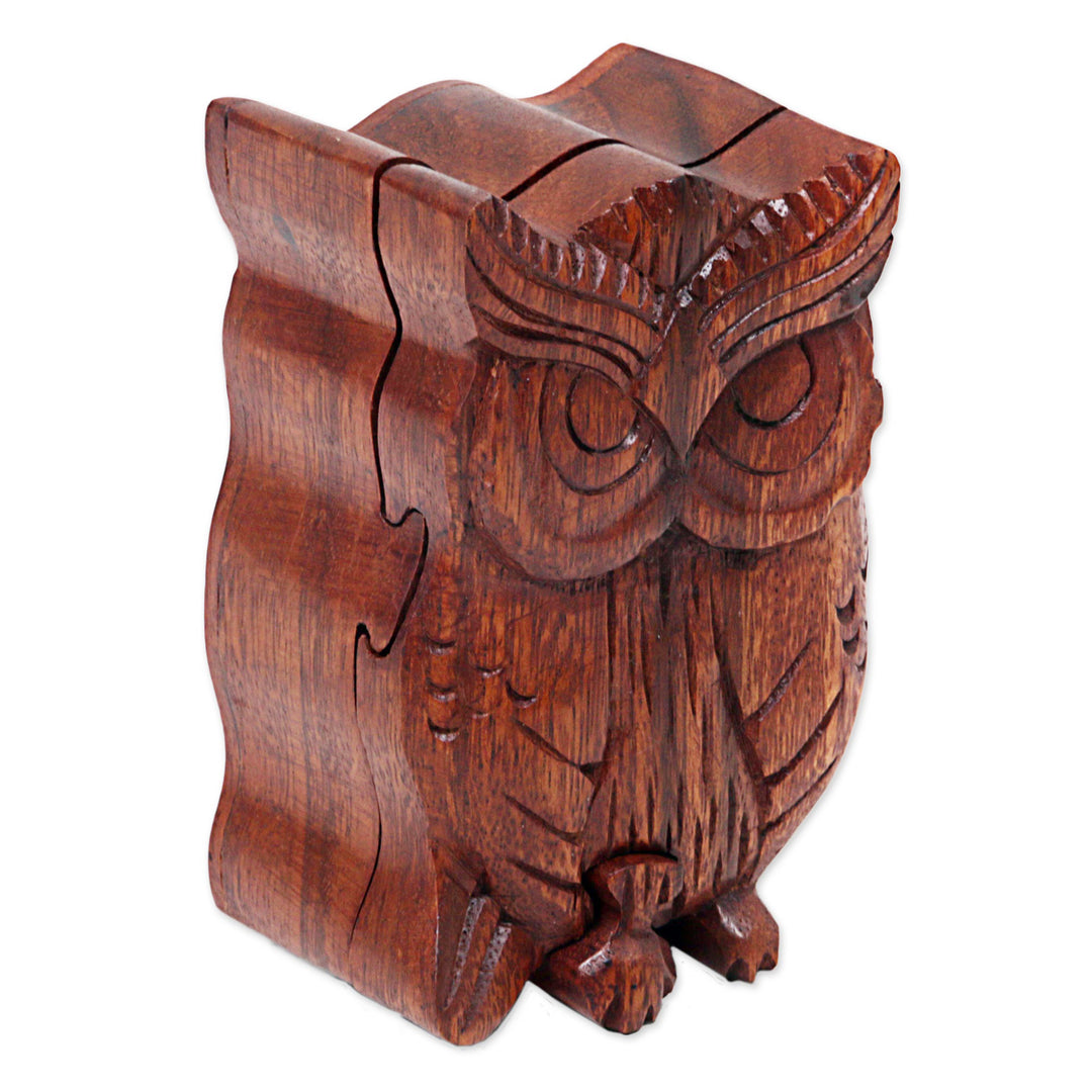 Hand Carved Wood Puzzle Box Owl Shape from Indonesia - Serious Owl