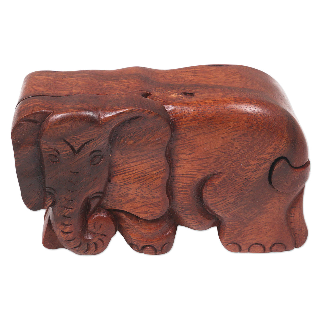Hand Carved Wood Puzzle Box Elephant Shape from Indonesia - Staring Elephant