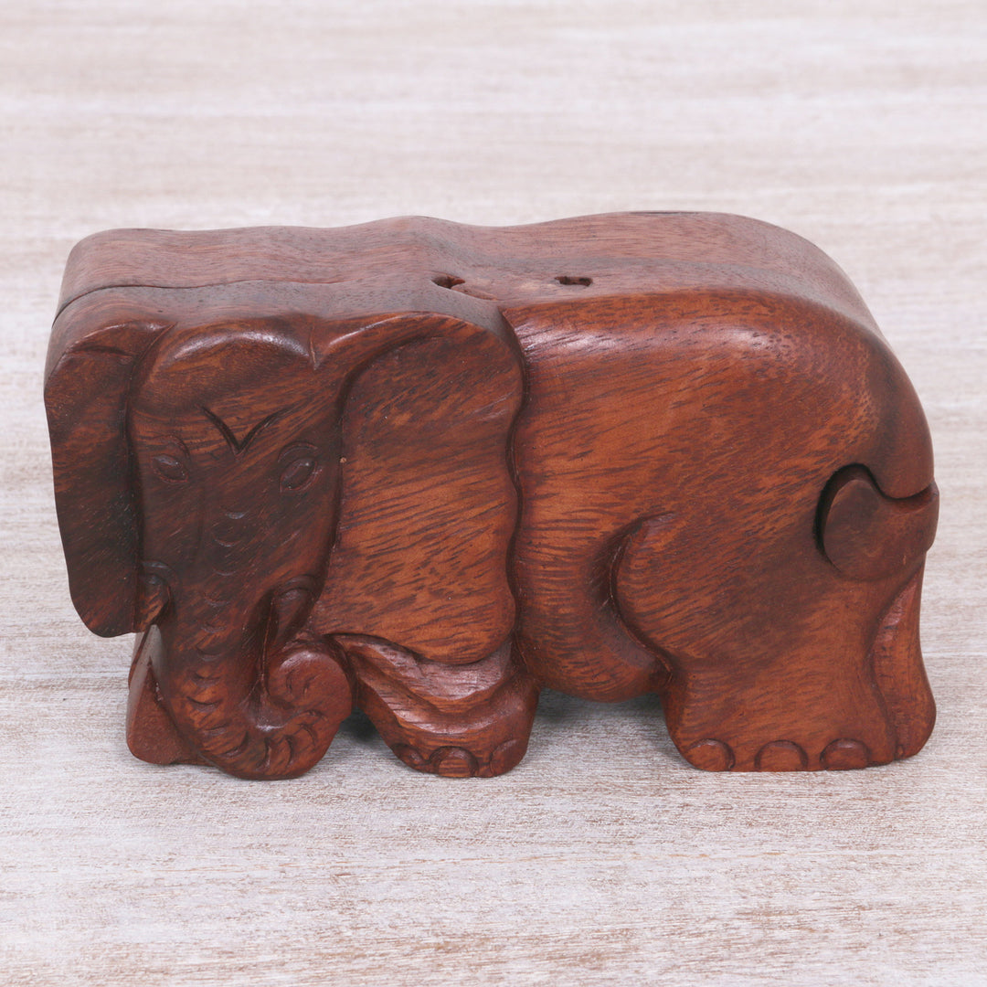 Hand Carved Wood Puzzle Box Elephant Shape from Indonesia - Staring Elephant