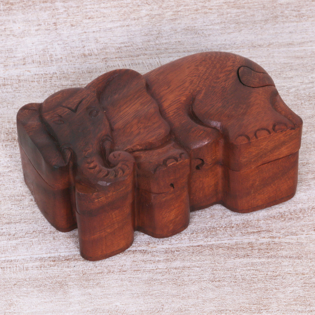 Hand Carved Wood Puzzle Box Elephant Shape from Indonesia - Staring Elephant