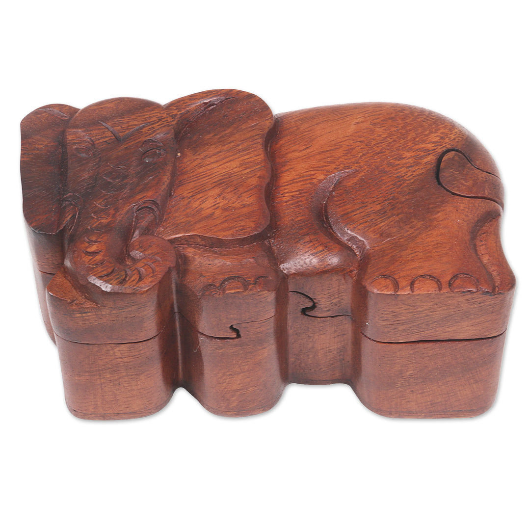 Hand Carved Wood Puzzle Box Elephant Shape from Indonesia - Staring Elephant