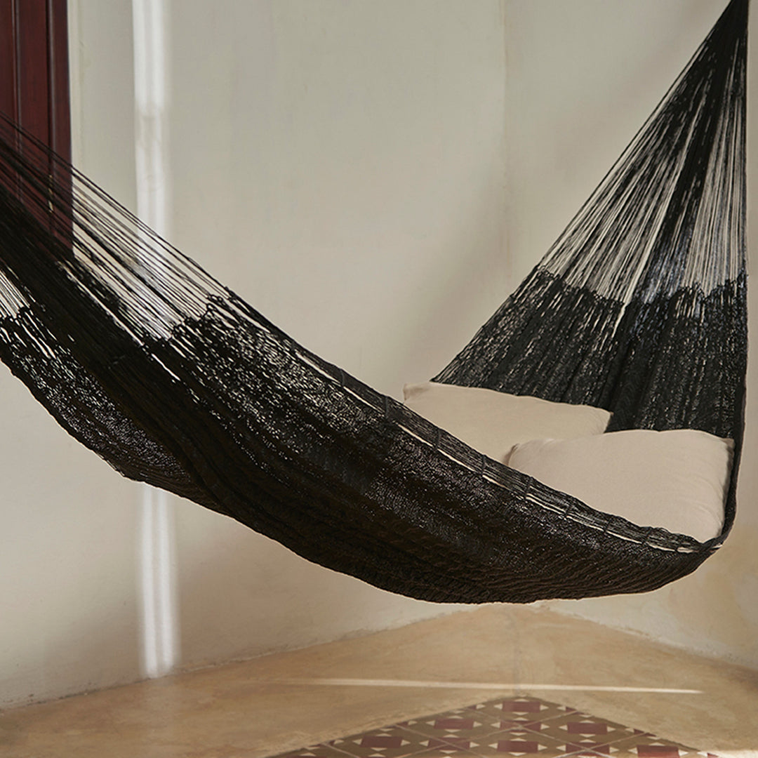 Hand Woven Nylon Black Hammock (Double) from Mexico - Black Relaxation