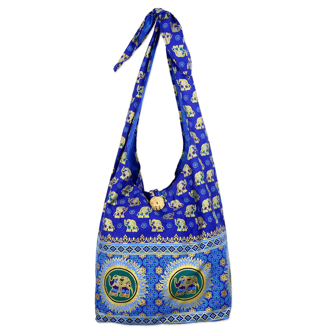 Handmade Blue Cotton Shoulder Bag with Elephant Motif - Royal Thai Elephant