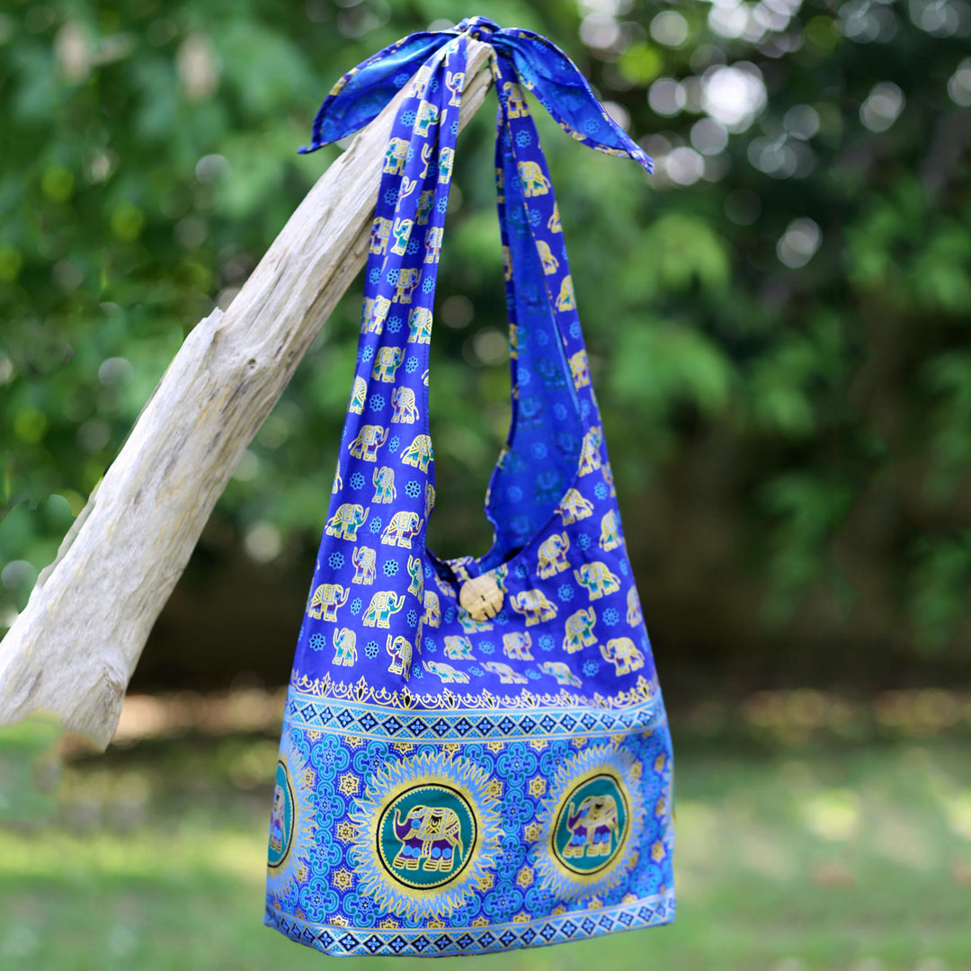 Handmade Blue Cotton Shoulder Bag with Elephant Motif - Royal Thai Elephant