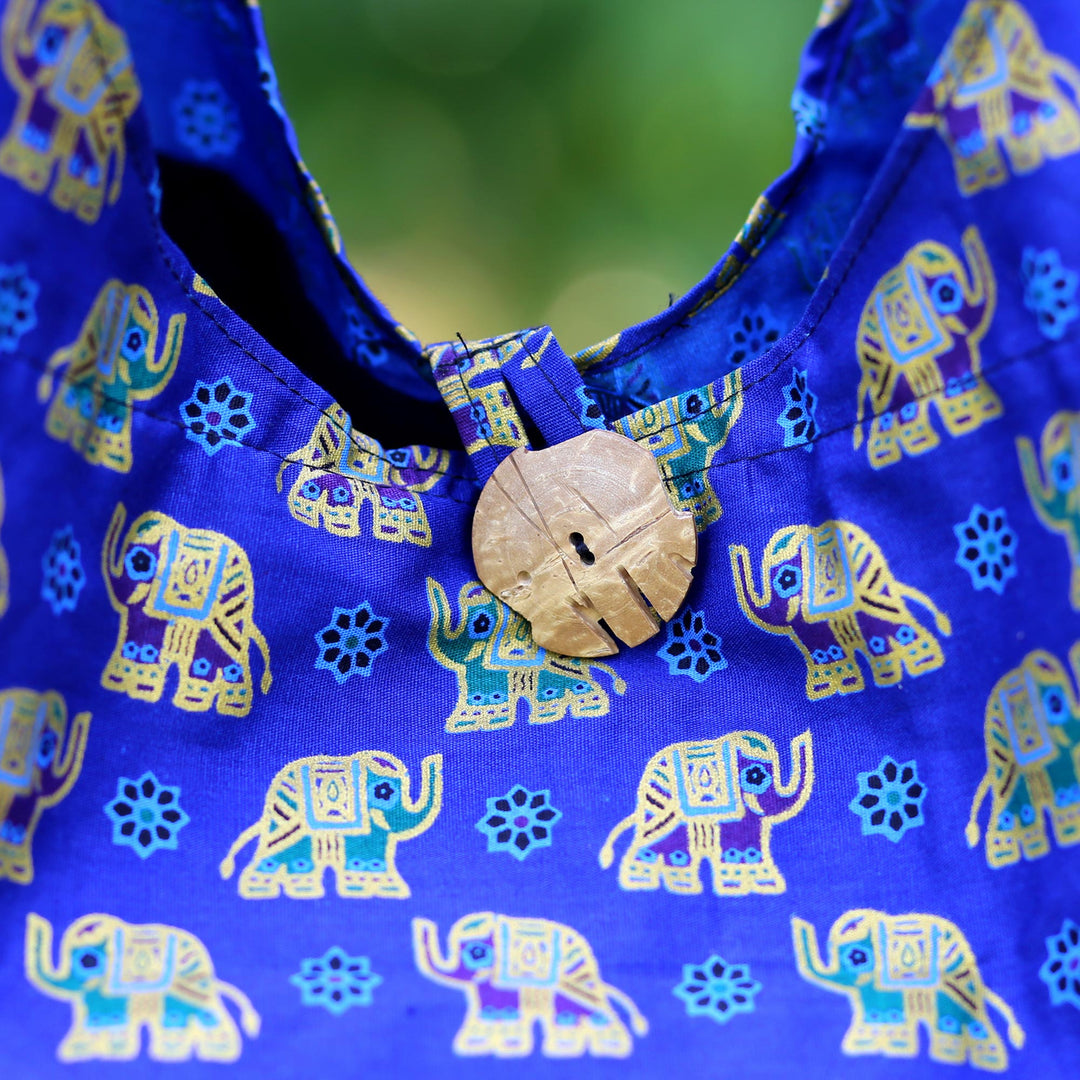 Handmade Blue Cotton Shoulder Bag with Elephant Motif - Royal Thai Elephant