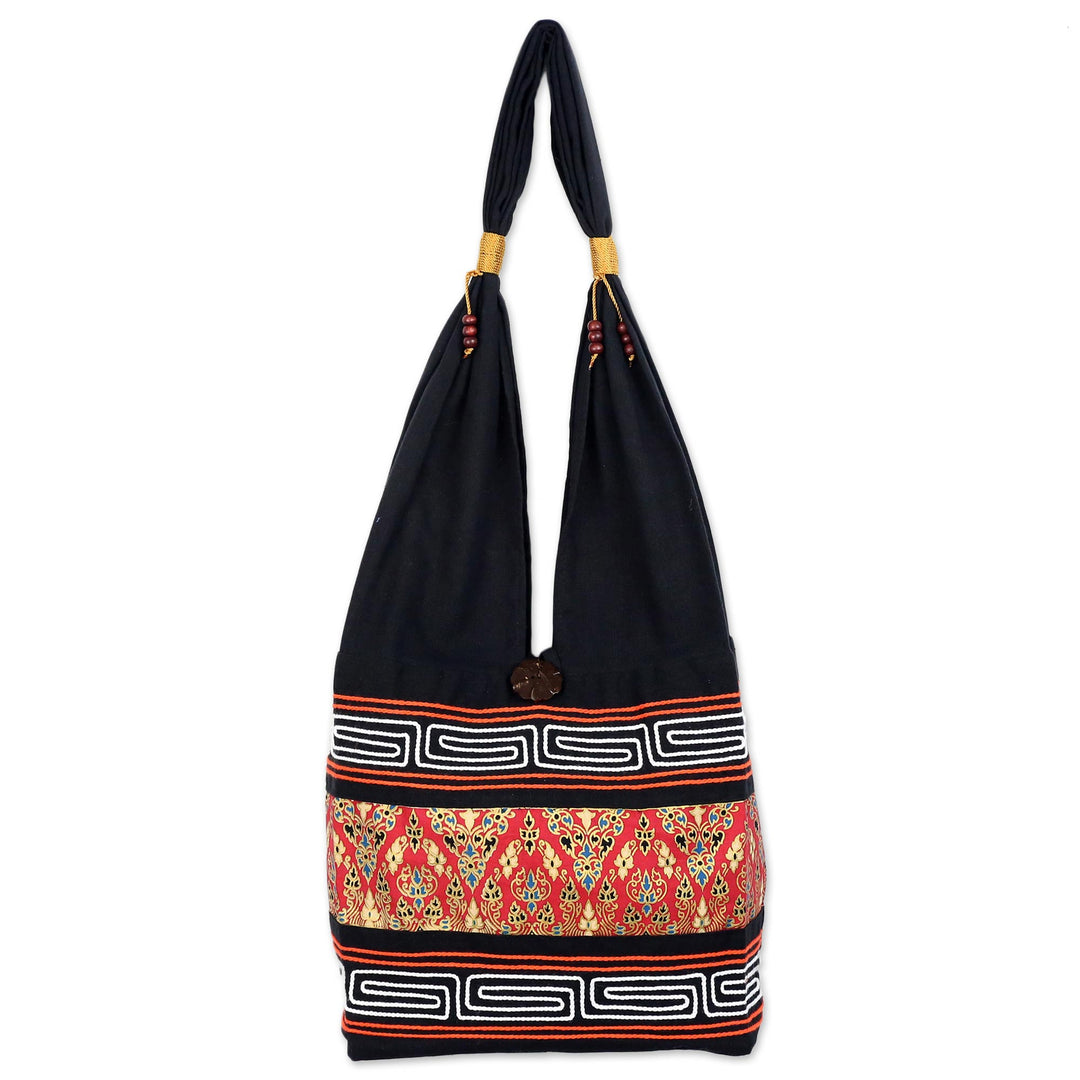Red and Black Cotton Blend Shoulder Bag from Thailand - Charming Thai in Red