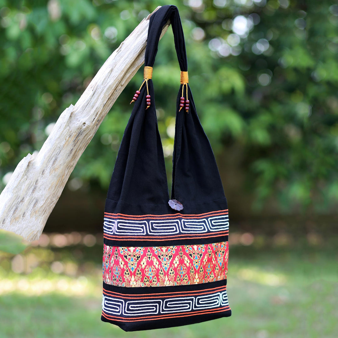Red and Black Cotton Blend Shoulder Bag from Thailand - Charming Thai in Red