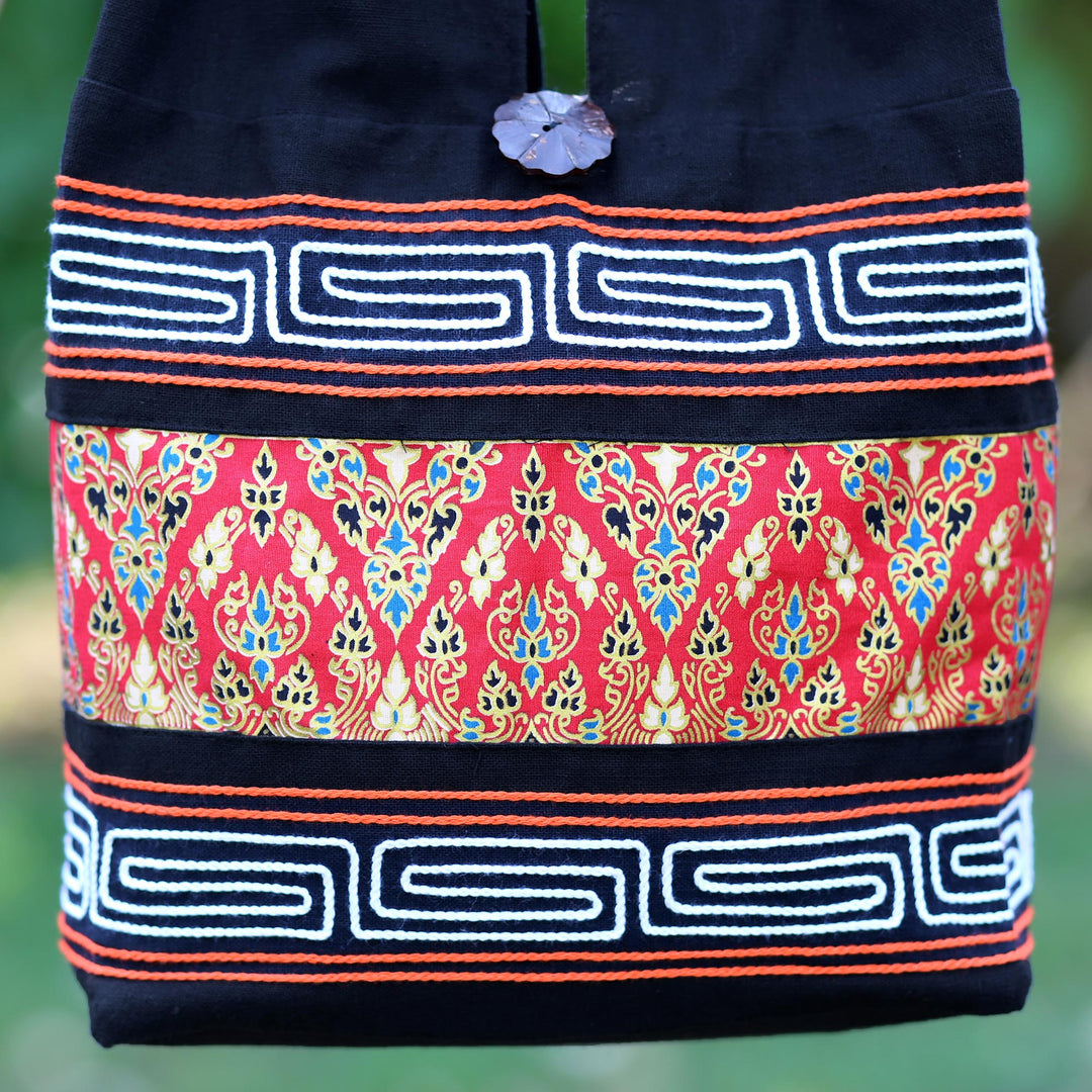 Red and Black Cotton Blend Shoulder Bag from Thailand - Charming Thai in Red