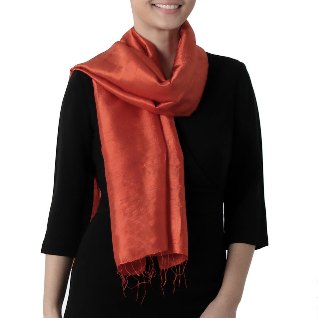Hand Woven Fringed Silk Scarf in Vermilion from Thailand - Otherworldly in Vermilion
