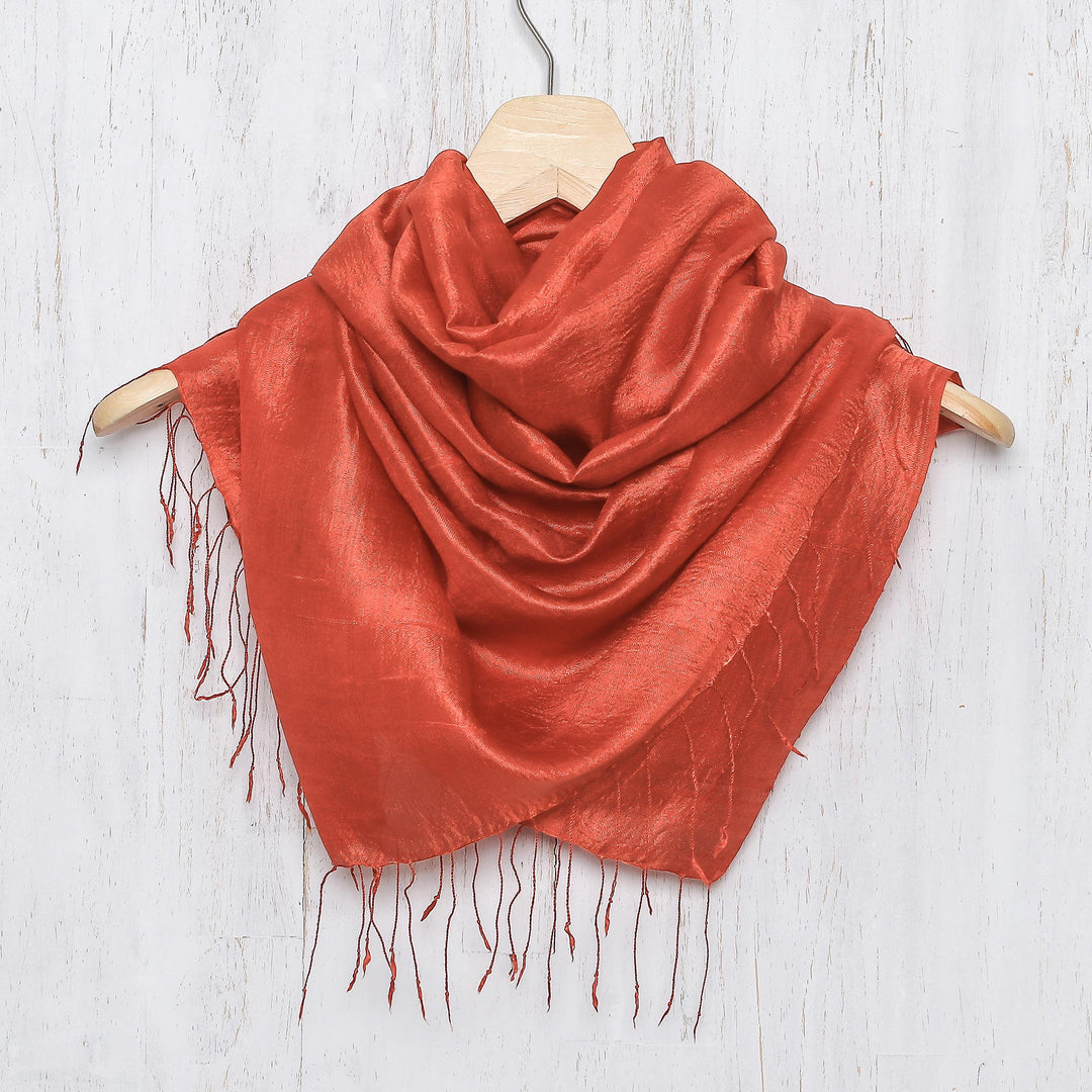 Hand Woven Fringed Silk Scarf in Vermilion from Thailand - Otherworldly in Vermilion