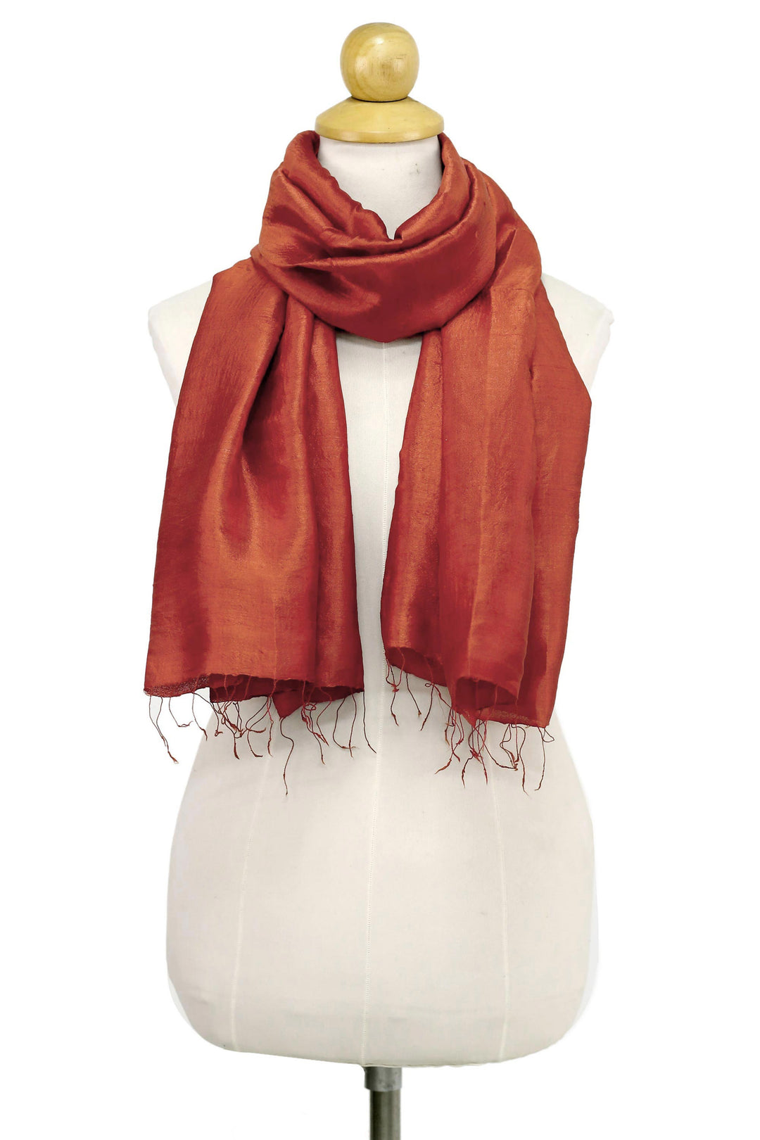 Hand Woven Fringed Silk Scarf in Vermilion from Thailand - Otherworldly in Vermilion