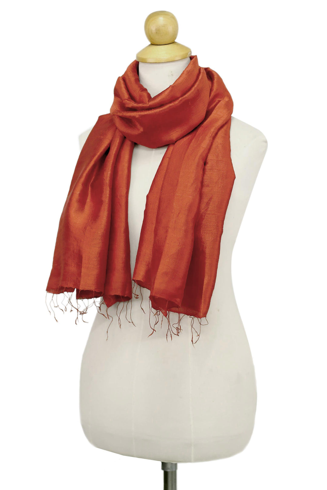Hand Woven Fringed Silk Scarf in Vermilion from Thailand - Otherworldly in Vermilion