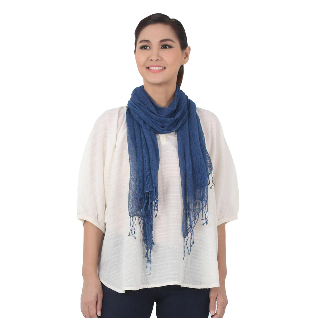 Hand Woven Fringed Silk Scarf in Azure from Thailand - Azure Summer