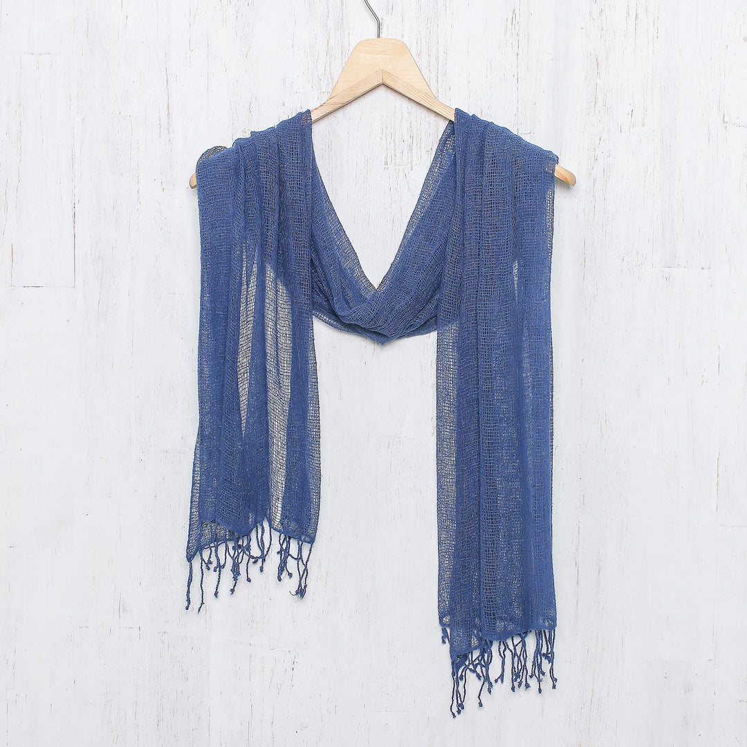 Hand Woven Fringed Silk Scarf in Azure from Thailand - Azure Summer
