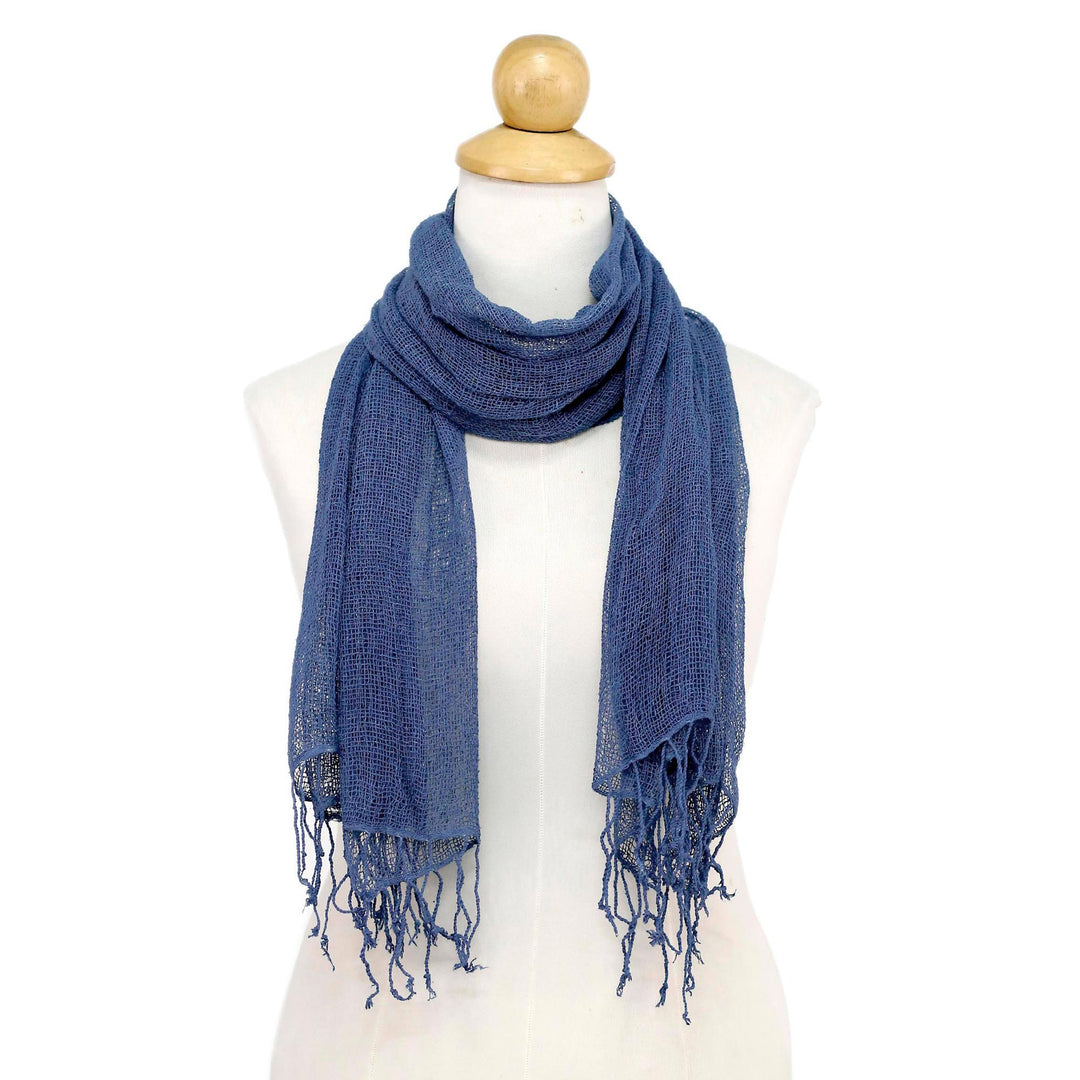 Hand Woven Fringed Silk Scarf in Azure from Thailand - Azure Summer