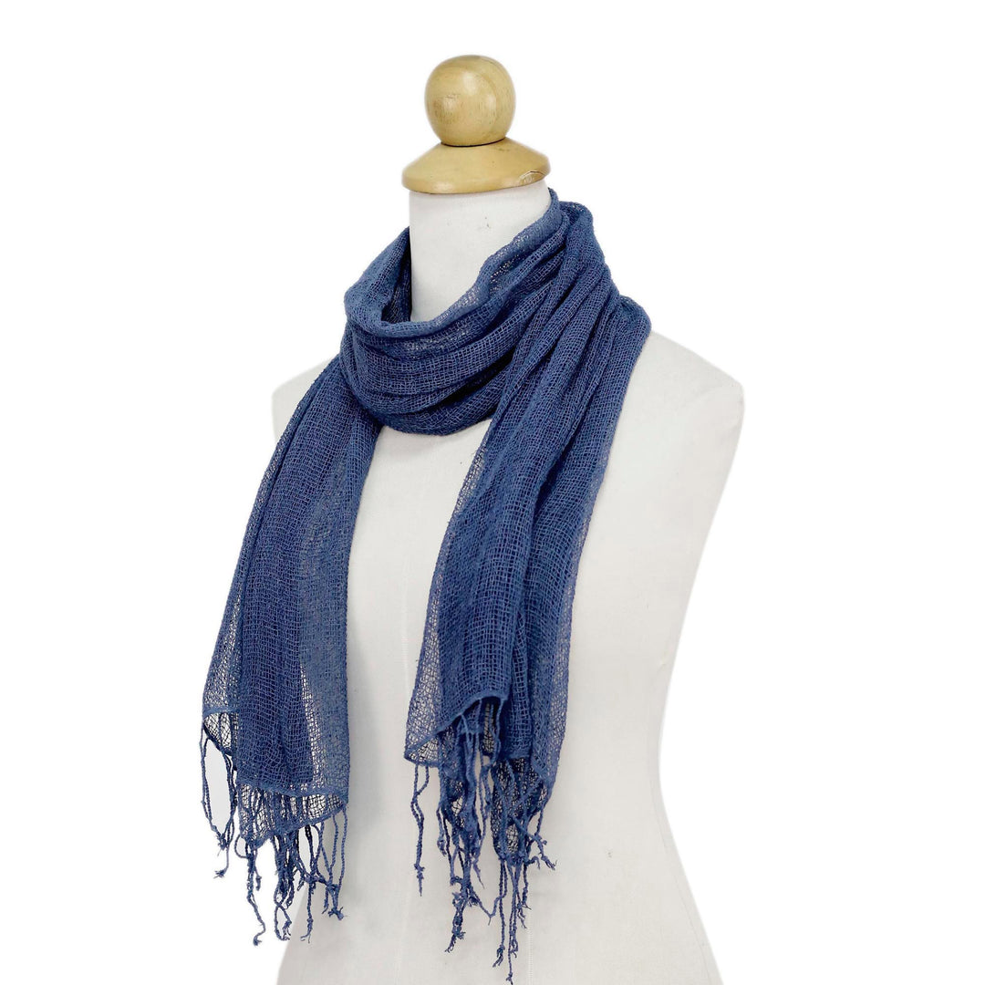 Hand Woven Fringed Silk Scarf in Azure from Thailand - Azure Summer