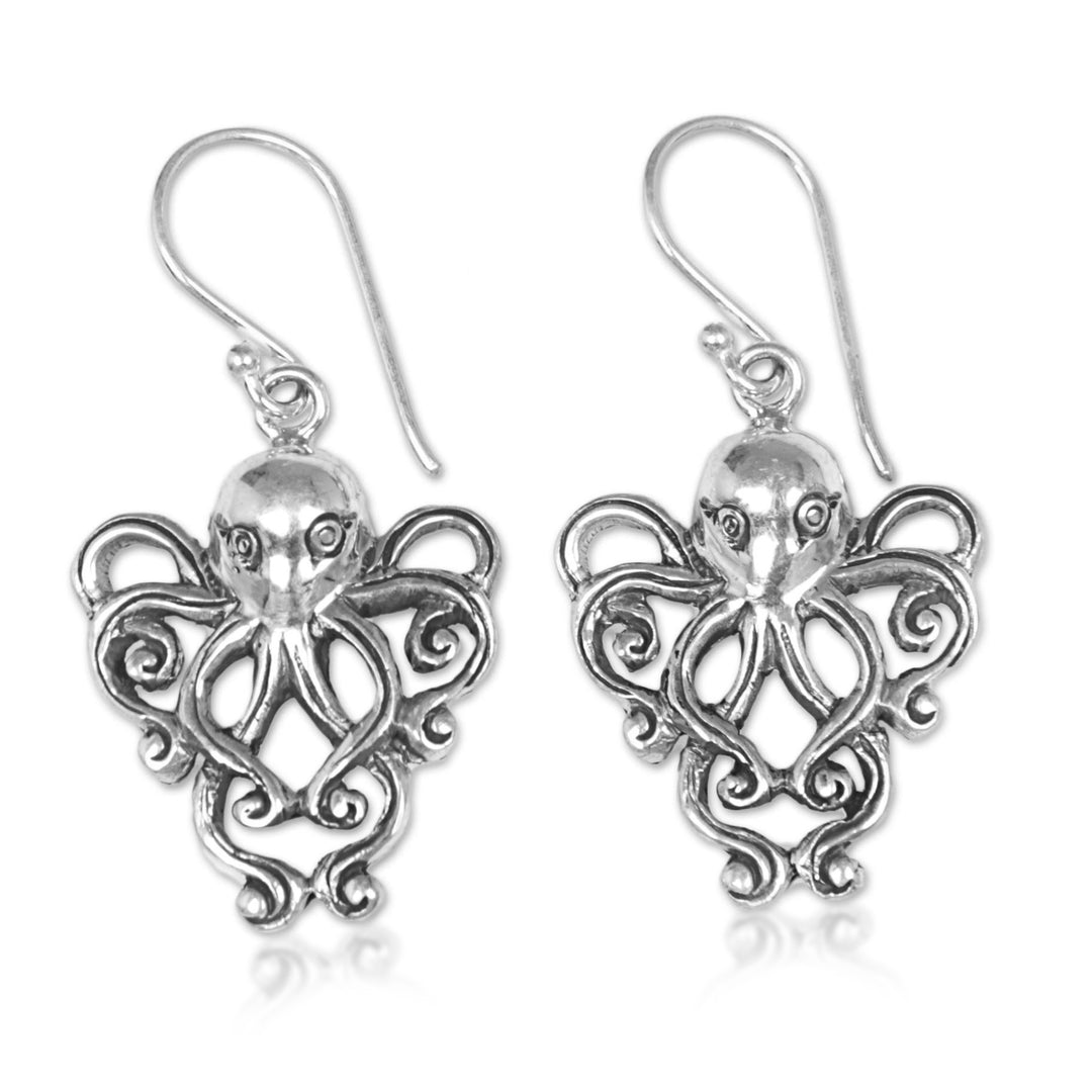 Sterling Silver Dangle Earrings Octopus from Indonesia - Octopus of the Deep