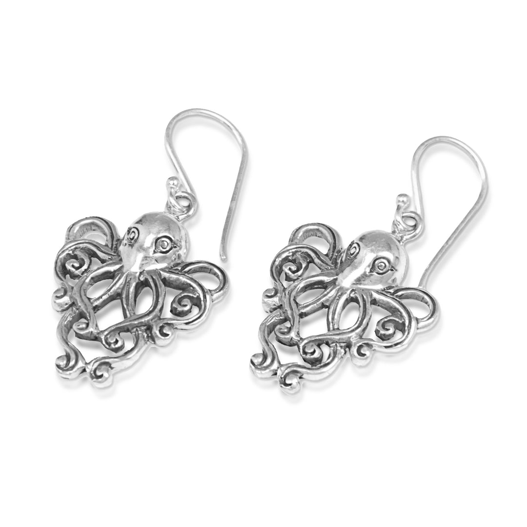 Sterling Silver Dangle Earrings Octopus from Indonesia - Octopus of the Deep