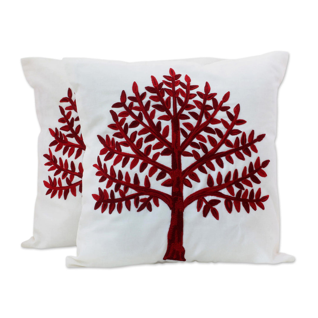 Embroidered Cotton Cushion Covers Red Tree (Pair) India - Chinar Tree