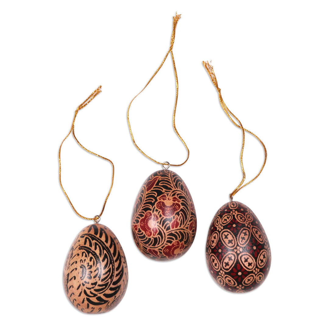Hand Made Batik Wood Ornaments (Set of 3) from Indonesia - Kawung Eggs