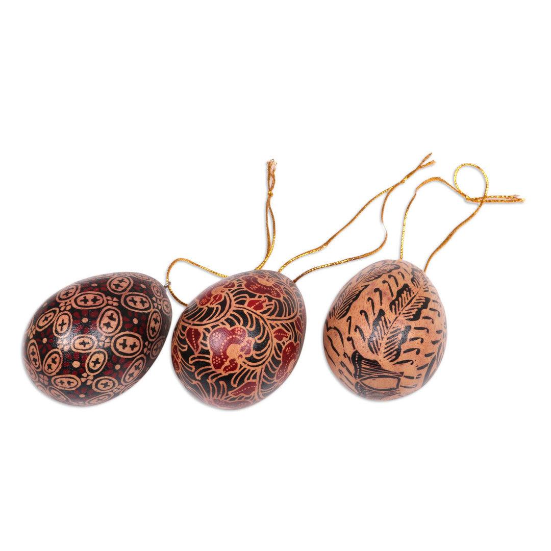 Hand Made Batik Wood Ornaments (Set of 3) from Indonesia - Kawung Eggs