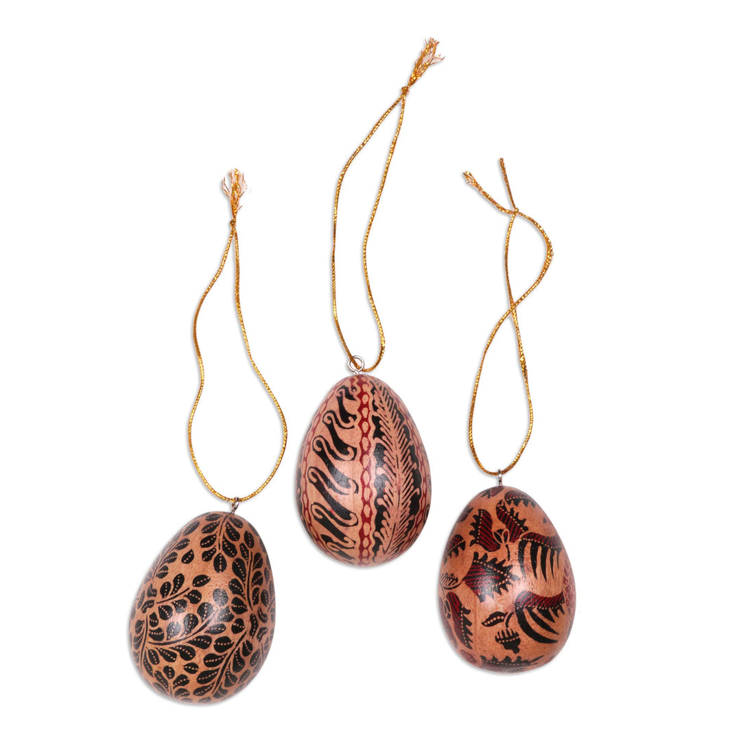 Batik Wood Egg Ornaments (Set of 3) from Indonesia - Parang Eggs