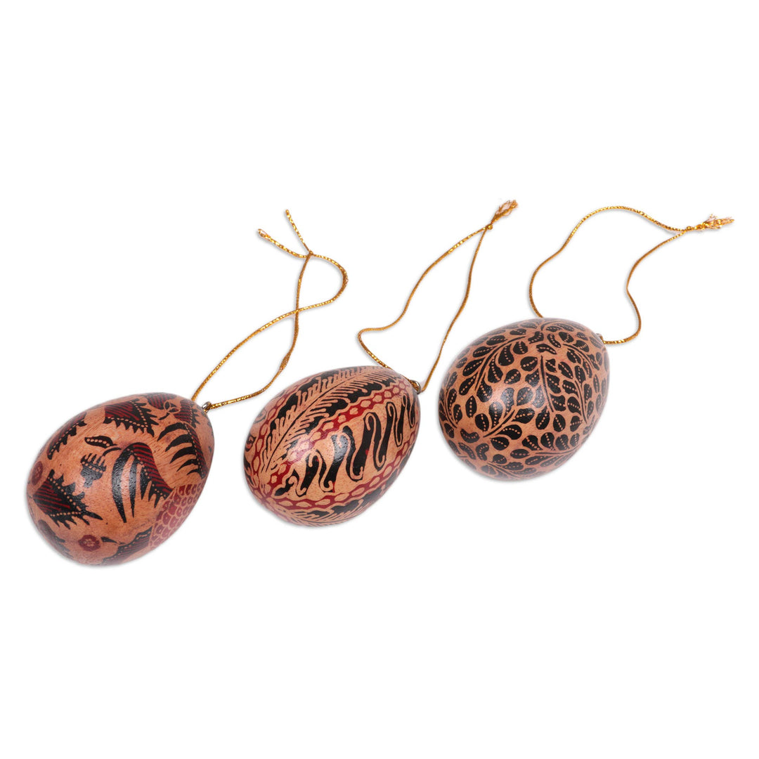 Batik Wood Egg Ornaments (Set of 3) from Indonesia - Parang Eggs
