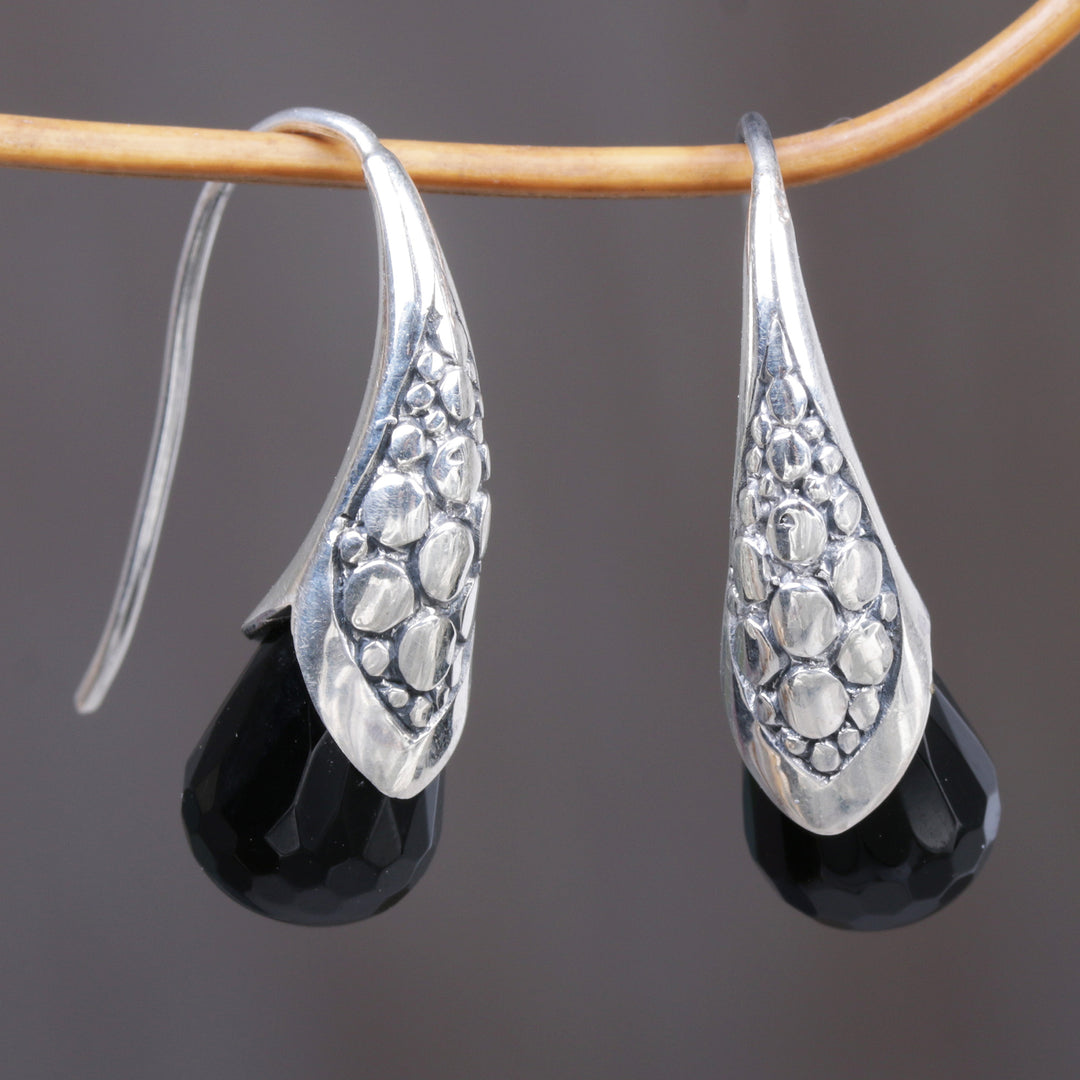 Handcrafted Sterling Silver Onyx Drop Earrings Indonesia - Midnight Spell