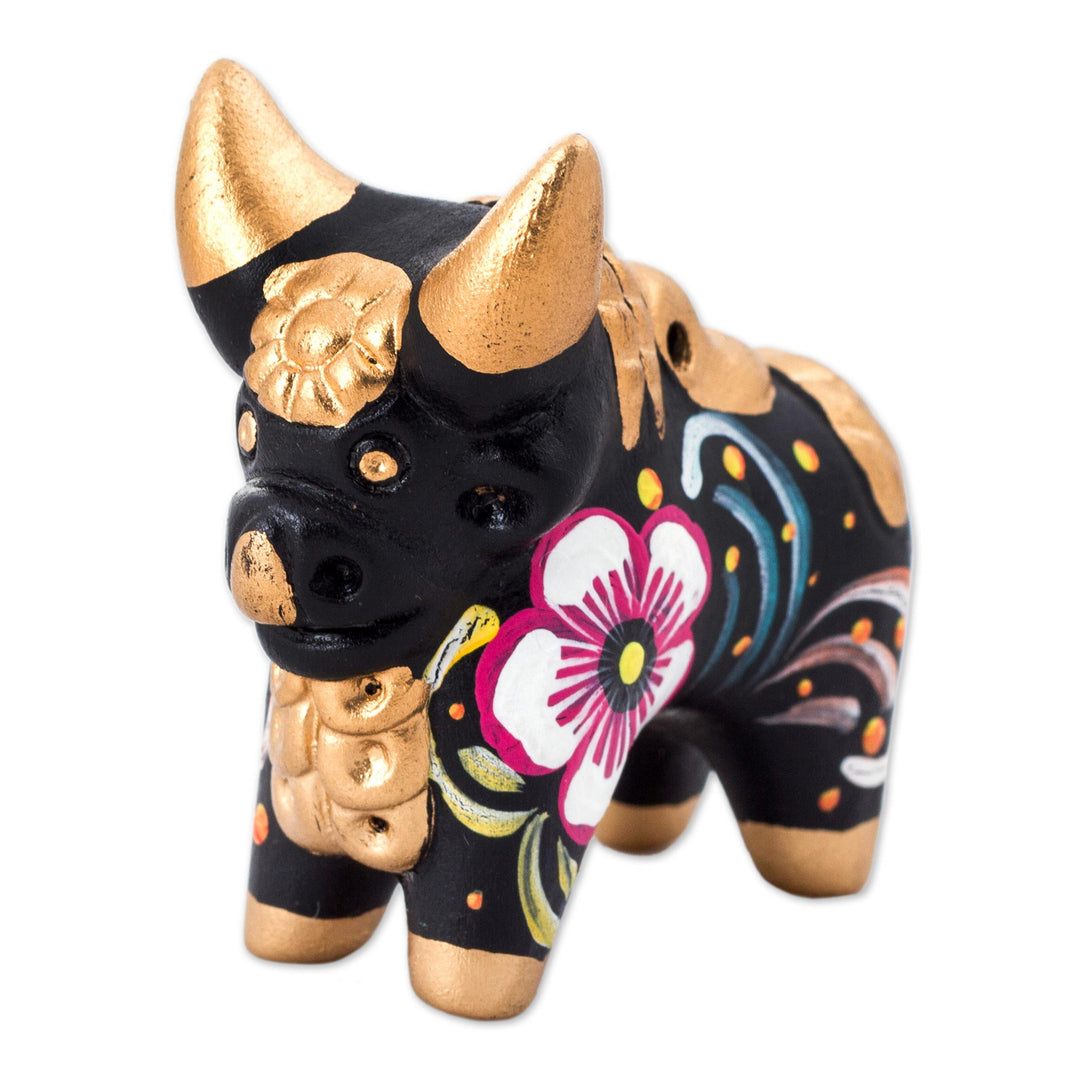 Hand Painted Ceramic Floral Bull in Black from Peru - Little Black Pucara Bull