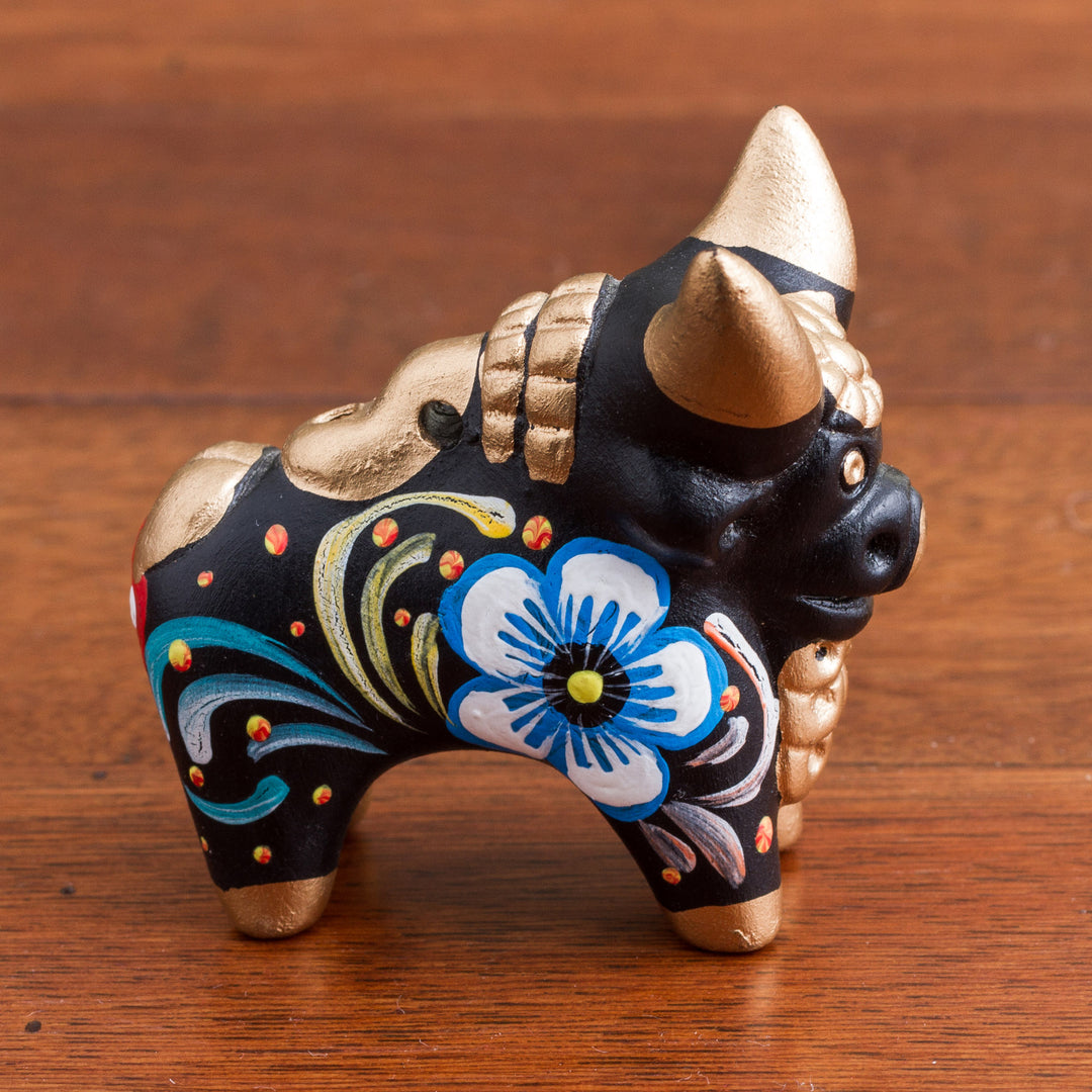 Hand Painted Ceramic Floral Bull in Black from Peru - Little Black Pucara Bull
