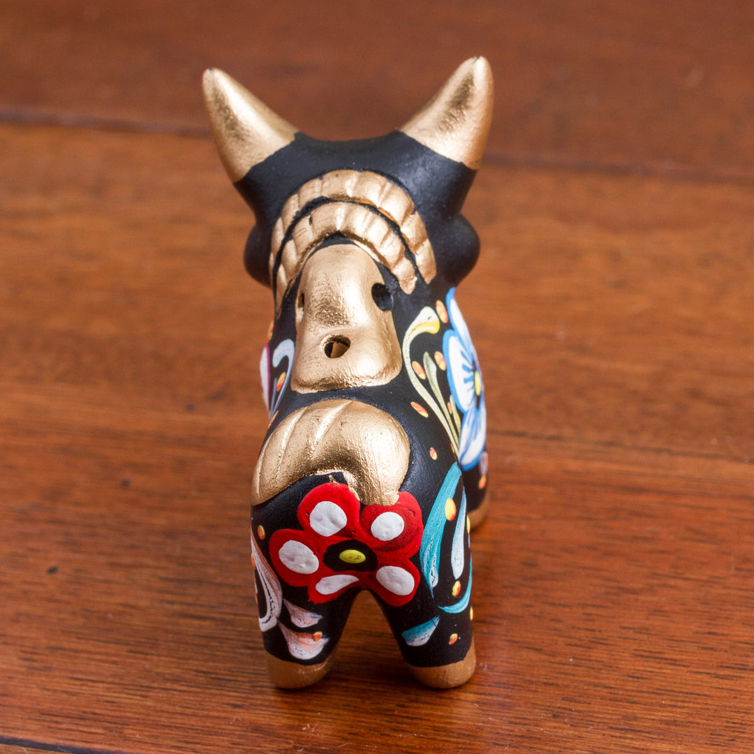 Hand Painted Ceramic Floral Bull in Black from Peru - Little Black Pucara Bull