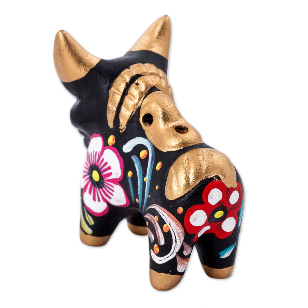 Hand Painted Ceramic Floral Bull in Black from Peru - Little Black Pucara Bull