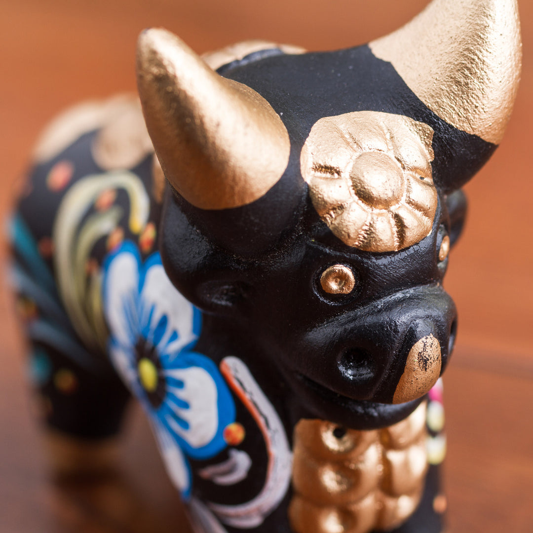 Hand Painted Ceramic Floral Bull in Black from Peru - Little Black Pucara Bull