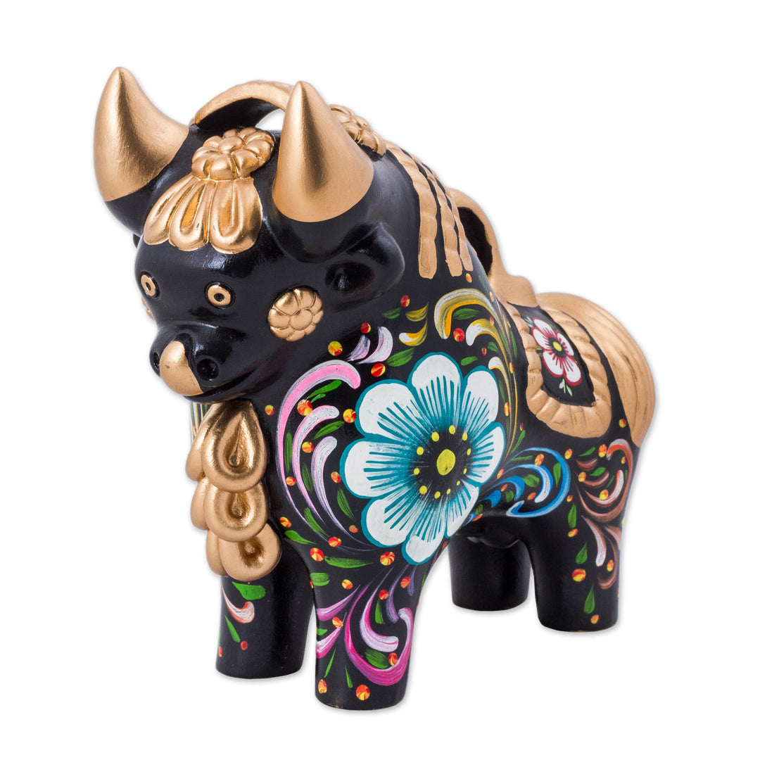 Hand Painted Ceramic Bull with Floral Motifs from Peru - Big Colorful Pucara Bull