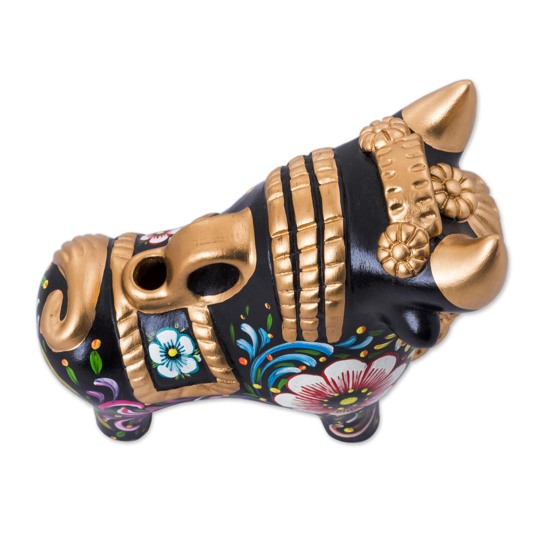 Hand Painted Ceramic Bull with Floral Motifs from Peru - Big Colorful Pucara Bull