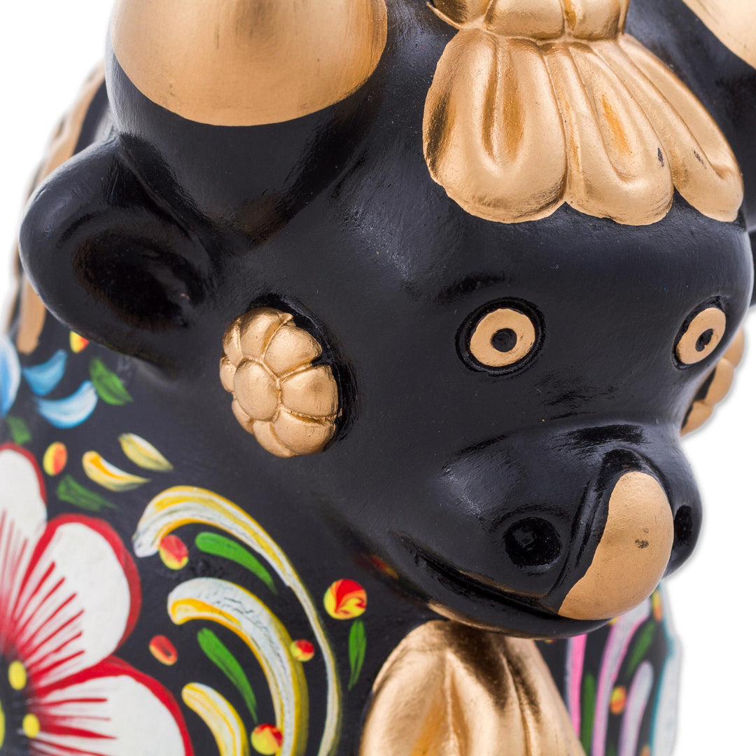 Hand Painted Ceramic Bull with Floral Motifs from Peru - Big Colorful Pucara Bull